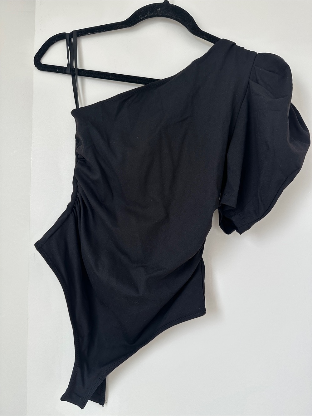 Free People Black One-Shoulder Puff Sleeve Bodysuit with Strap Detail